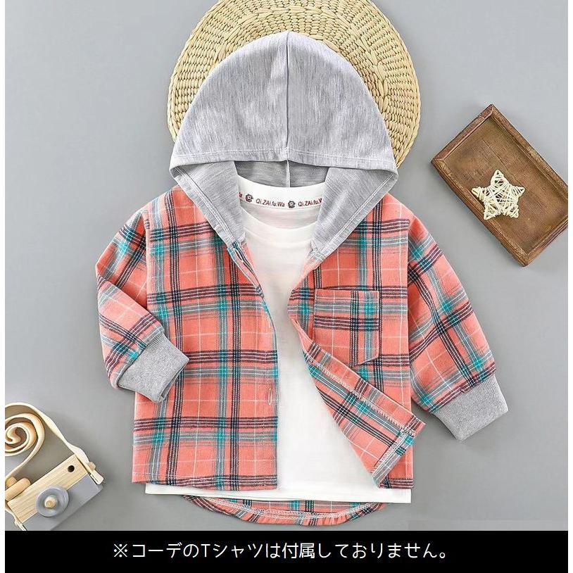 子供服 長袖シャツ フード付 チェックシャツ キッズ ベビー ジュニア  