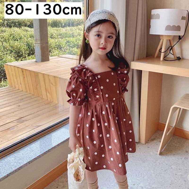 ワンピース キッズ ベビー 子供用 女の子 半袖 フレア ミニ丈 ミニワンピ ドット柄 水玉柄 スクエアネック パフスリーブ フリル かわいい 子供服 Top プラスナオyahoo 店 通販 Yahoo ショッピング