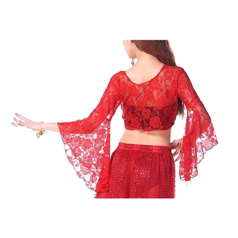 ベリーダンス衣装 トップス 前開き レディース ダンススウェア チョリ レース 長袖 クロップド丈 ショート丈 フレア袖 無地 練習着 社交ダンス ラ | plusnao | 13