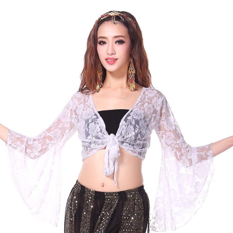 ベリーダンス衣装 トップス 前開き レディース ダンススウェア チョリ レース 長袖 クロップド丈 ショート丈 フレア袖 無地 練習着 社交ダンス ラ | plusnao | 02