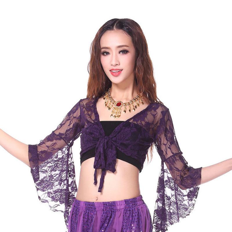 ベリーダンス衣装 トップス 前開き レディース ダンススウェア チョリ レース 長袖 クロップド丈 ショート丈 フレア袖 無地 練習着 社交ダンス ラ | plusnao | 05