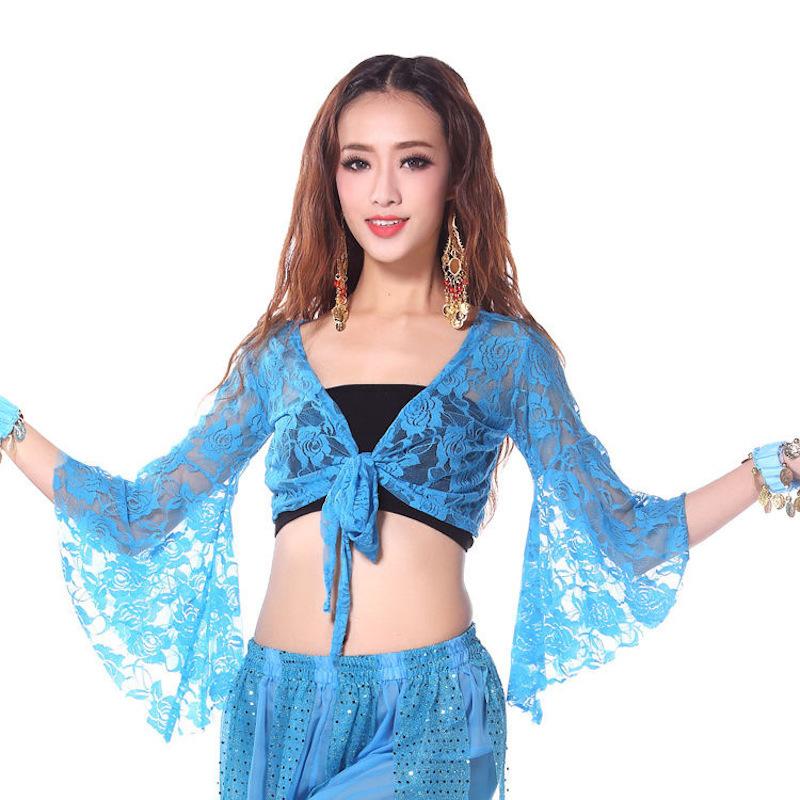 ベリーダンス衣装 トップス 前開き レディース ダンススウェア チョリ レース 長袖 クロップド丈 ショート丈 フレア袖 無地 練習着 社交ダンス ラ | plusnao | 07