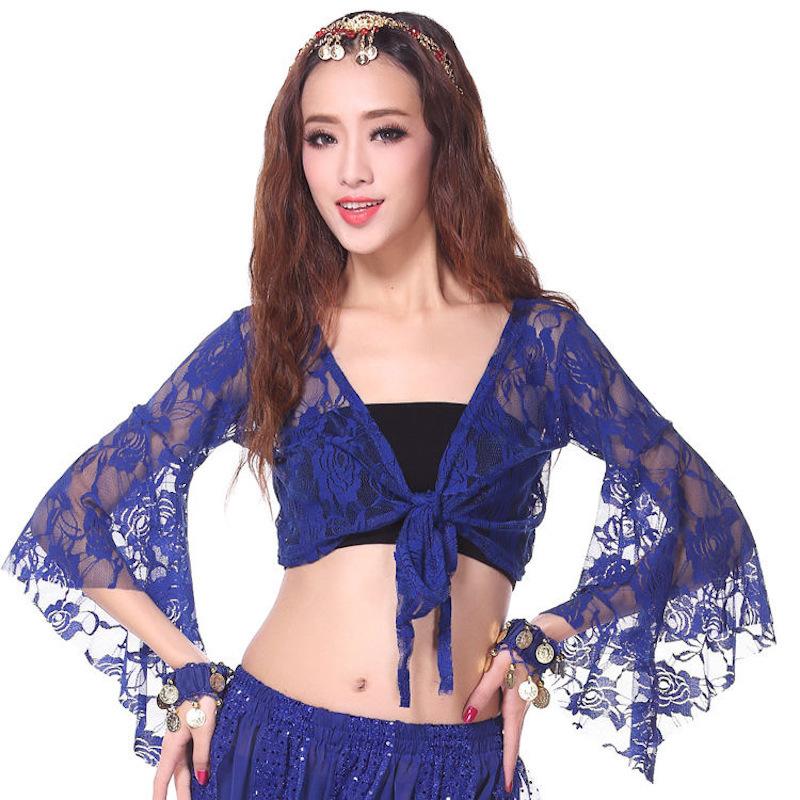 ベリーダンス衣装 トップス 前開き レディース ダンススウェア チョリ レース 長袖 クロップド丈 ショート丈 フレア袖 無地 練習着 社交ダンス ラ | plusnao | 08