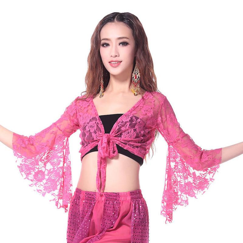 ベリーダンス衣装 トップス 前開き レディース ダンススウェア チョリ レース 長袖 クロップド丈 ショート丈 フレア袖 無地 練習着 社交ダンス ラ | plusnao | 09