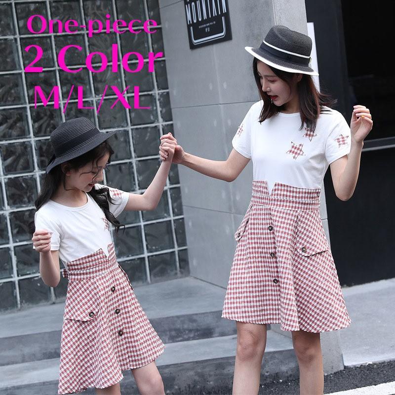 ワンピース コンビワンピース 半袖 ひざ上丈 ママ レディース 女の子 カジュアル系 娘 親子ペアルック 星 チェック 夏物 子供服 キッズ 可愛い プラスナオ Paypayモール店 通販 Paypayモール