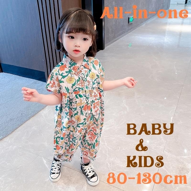 オールインワン 半袖 子供服 オーバーオール 女の子 ベビー キッズ サロペット ツナギ スタンダードカラー スボン 7分丈