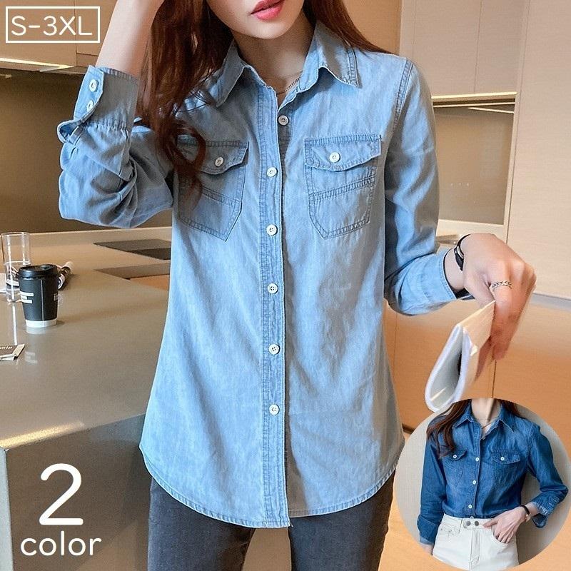 デニムシャツ 長袖 レディース 女性 婦人服 トップス ダンガリーシャツ 大きいサイズ ゆったり ラフ ウエスタン スタンダードカラー 前開き 長め丈 Top プラスナオyahoo 店 通販 Yahoo ショッピング