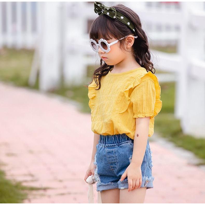 ブラウス 半袖 子供服 キッズ ベビー 女の子 プルオーバー ラウンドネック バックボタン 袖ゴム 肩フリル トップス 女児 こども服 ...