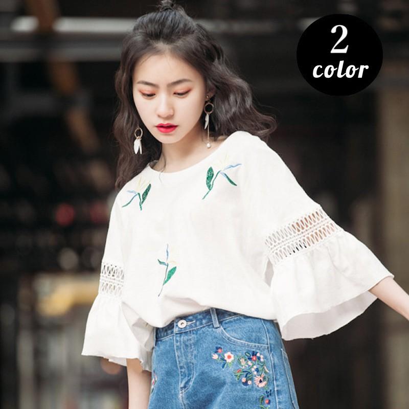 ブラウス 七分袖 レディース 夏服 クルーネック トップス 花柄 ラッパ袖 かわいい おしゃれ お出かけ 通勤 女の子 女性用 婦人用 グレー ホワイ Top 963 プラスナオyahoo 店 通販 Yahoo ショッピング