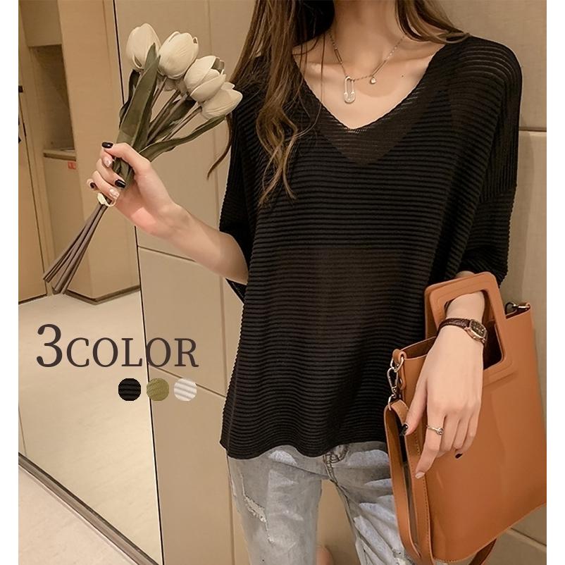 77 以上節約 ニット 7分丈 Vネック トップス レディース 女性 婦人服 半袖 ドロップショルダー サマーニット 薄手 シアー 透け感 ボーダー 単色 シンプル1 670円 Sarozambia Com