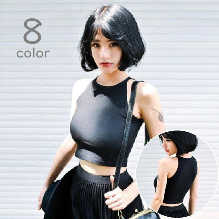 最新 タンクトップ カットソー アメリカンスリーブ ノースリーブ レディース 女性 婦人 トップス ラウンドネック ショート丈 ミニ丈 へそ出し 無地 単色 Gestoci Ci