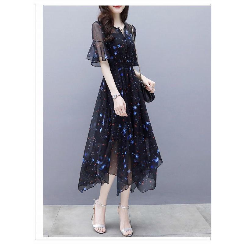 ワンピース レディース 五分袖 ロング シフォン シースルー フレア 膝下 ハーフボタン 不規則 ギザギザ 宇宙 夜空 星 スター おしゃれ かわいい プラスナオ Paypayモール店 通販 Paypayモール