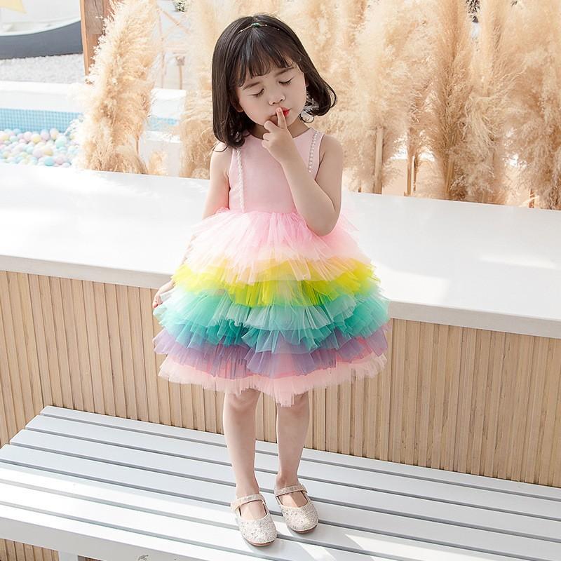 ワンピース キッズ 子供 ベビー ドレス ノースリーブ フェイクパール チュール チュチュ レインボー カラフル 膝上丈 女の子 プラスナオ Paypayモール店 通販 Paypayモール