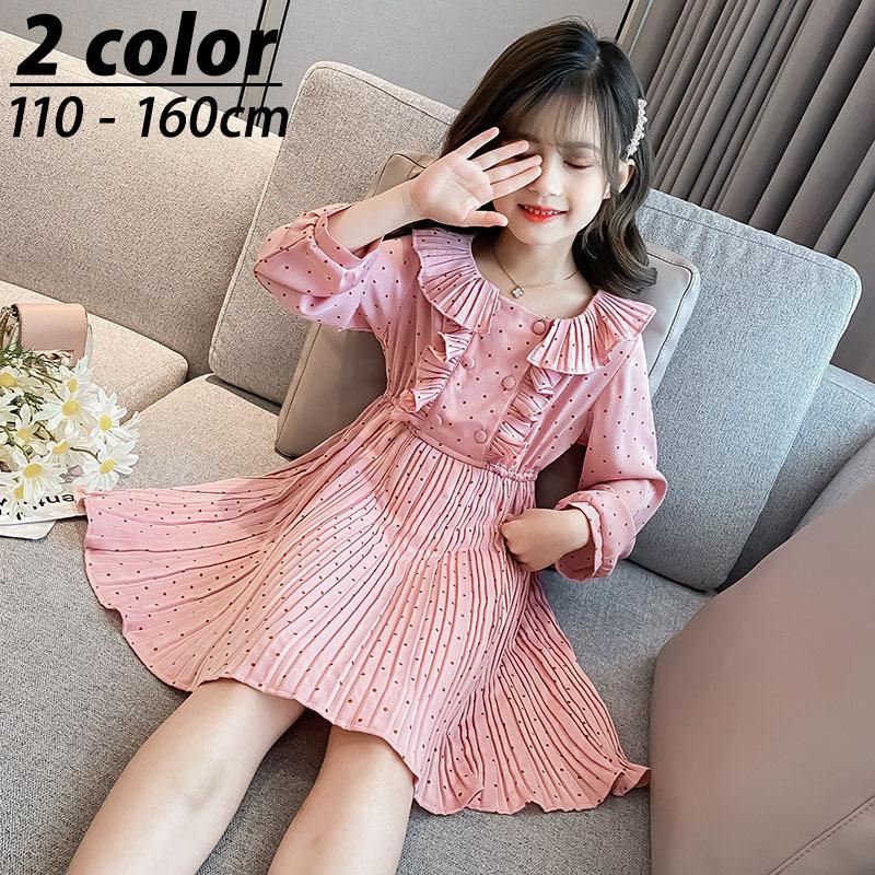ワンピース キッズ ジュニア 女の子 子供服 長袖 膝丈 プリーツ ボタン 水玉 シフォン 可愛い おしゃれ 女子力アップ お嬢様 フェミニン ガーリ プラスナオ Paypayモール店 通販 Paypayモール