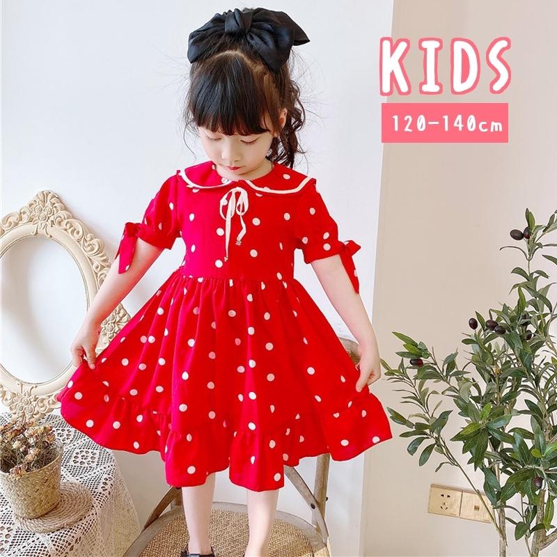 ワンピース キッズ 子供服 女の子 半袖 リボン セーラーカラー ドット柄 レッド 赤 かわいい おしゃれ 1 130 140 Top 969 プラスナオyahoo 店 通販 Yahoo ショッピング