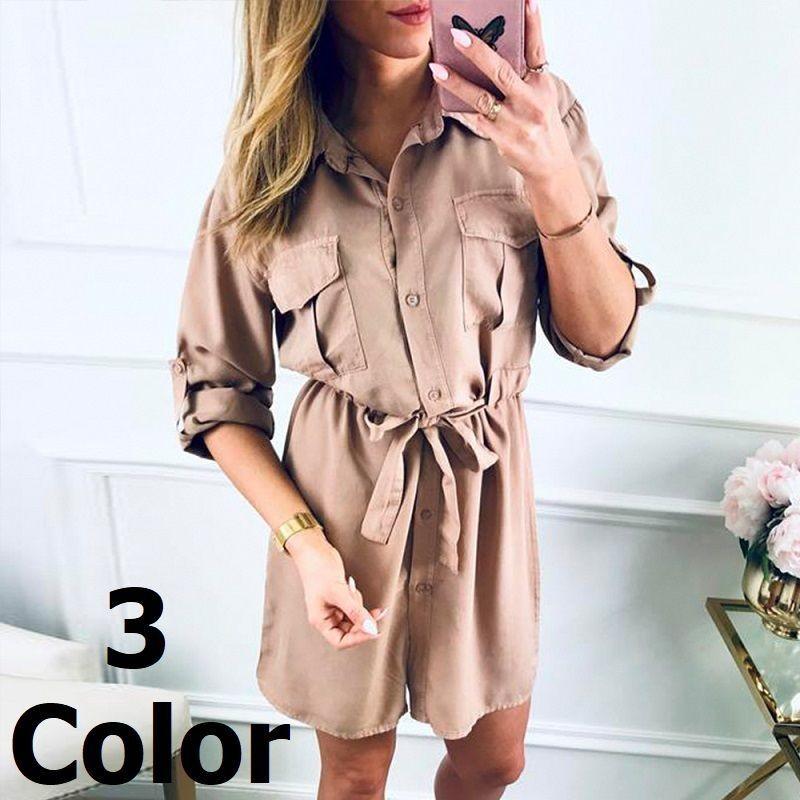 長袖ミニワンピース Aライン シャツワンピース レディースファッション ウエストリボン サファリシャツ ホワイト グリーン プラスナオ Paypayモール店 通販 Paypayモール