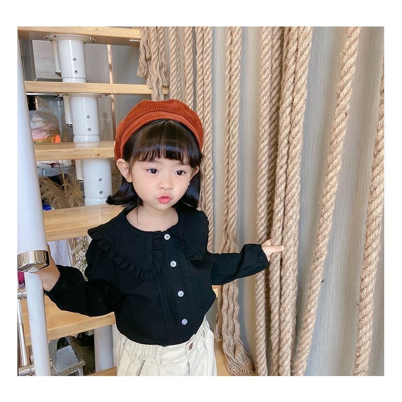 長袖ブラウス 前ボタン ピーターパンカラー 襟フリル キッズ 女の子 子供服 かわいい おしゃれ フェミニン 袖口ゴム 前開き フロントタックプリーツ｜plusnao｜05