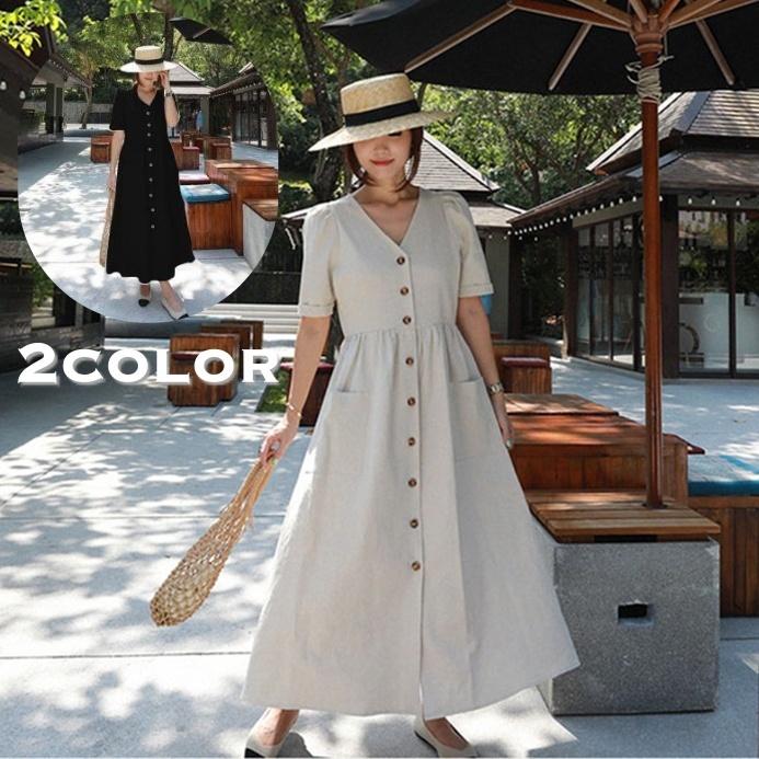 ワンピース Aライン レディース 女性 半袖 Vネック ロング丈 マキシ丈