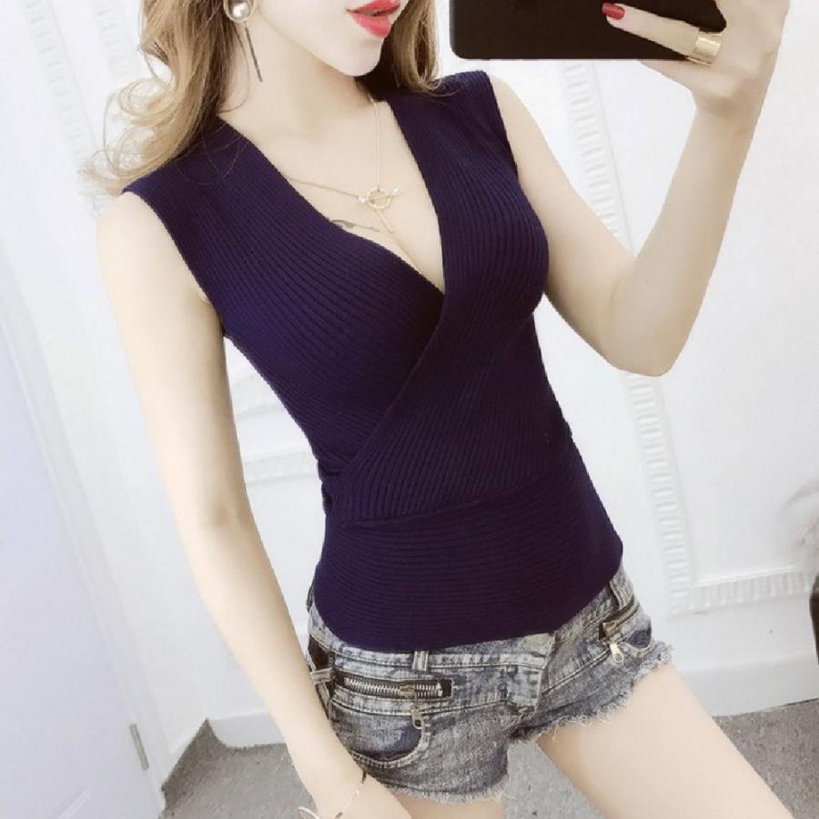 plusnao ニット ノースリーブ カシュクール Vネック サマーニット  