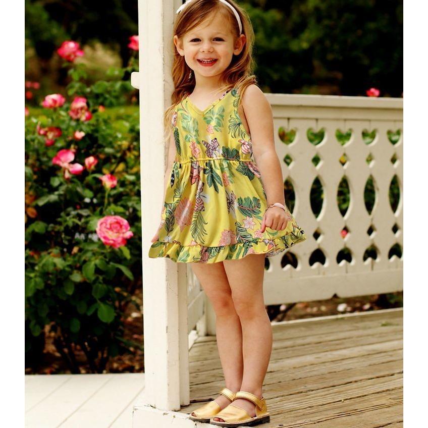 ミニワンピース ノースリーブ キッズ 子供服 トップス Vネック Aライン フレア フリル裾 丈短め 花柄 鮮やか プルオーバー かわいい 可愛い キ プラスナオ Paypayモール店 通販 Paypayモール