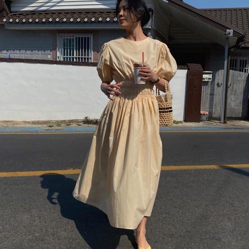 ワンピース レディース 夏服 五分袖 バブルスリーブ ラウンドネック ミモレ丈 ウエストゴム 無地 カジュアル ゆったり 可愛い おしゃれ お出かけ プラスナオ Paypayモール店 通販 Paypayモール