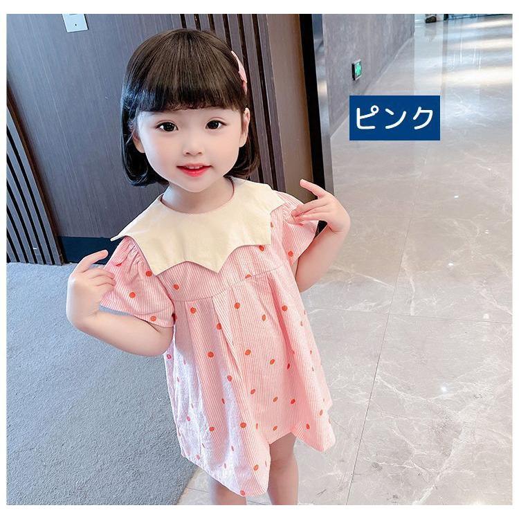 半袖ワンピース フレアスカート ひざ上 ミニ丈 胸下切替 襟付き ストライプ ドット キッズ 女の子 キュート かわいい 後ろボタン フェミニン お出 プラスナオ Paypayモール店 通販 Paypayモール