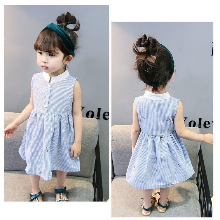 ワンピース ノースリーブ キッズ 子供 女子 女の子 子供服 キッズ服 トップス 立ち襟 スタンドカラー ストライプ 前ボタン 3つボタン 夏 かわい プラスナオ Paypayモール店 通販 Paypayモール