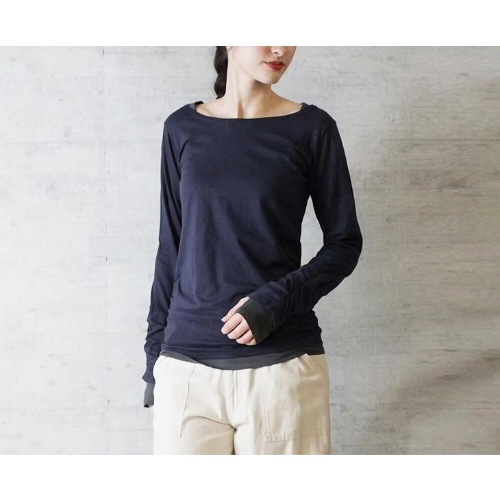 長袖カットソー ロングtシャツ レディース 女性 トップス ボートネック 指穴付き 重ね着風 フェイクレイヤード シンプル お洒落 可愛い お出かけシ プラスナオ Paypayモール店 通販 Paypayモール