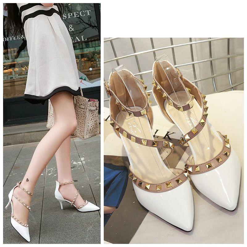 スタッズ付きピンクハイヒール サンダル ハイヒール ヒール5cm 太ヒール アンクルストラップ