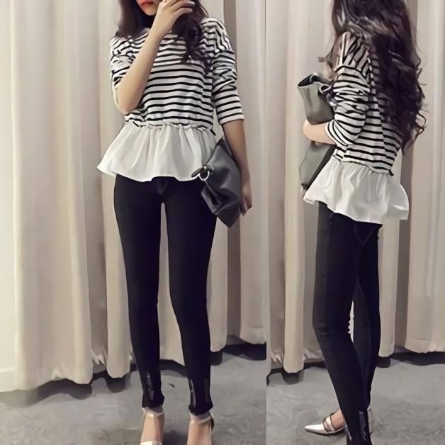 sheller シェリエ　ストライプ　ボーダー　ペプラムニットトップス stripe peplum knit tops – shéller / シェリエ