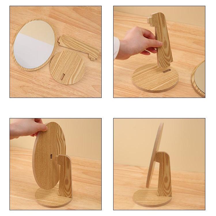 卓上ミラー 卓上鏡 スタンドミラー ウッド 木製 長方形 丸 楕円