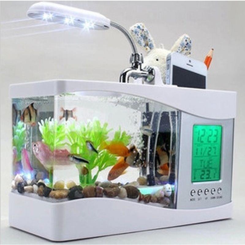 水槽 ミニ水槽 卓上 時計 スタンド カレンダー 水族館 USB LED 