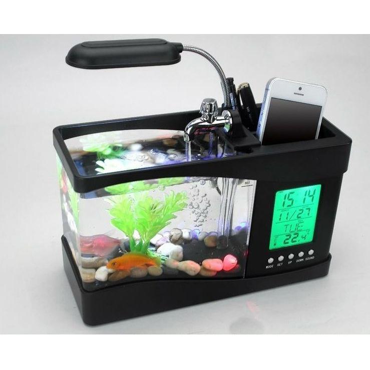 水槽 ミニ水槽 卓上 時計 スタンド カレンダー 水族館 USB LED 