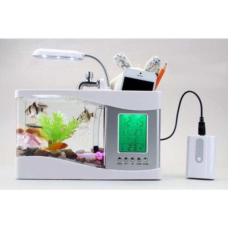 水槽 ミニ水槽 卓上 時計 スタンド カレンダー 水族館 USB LED 