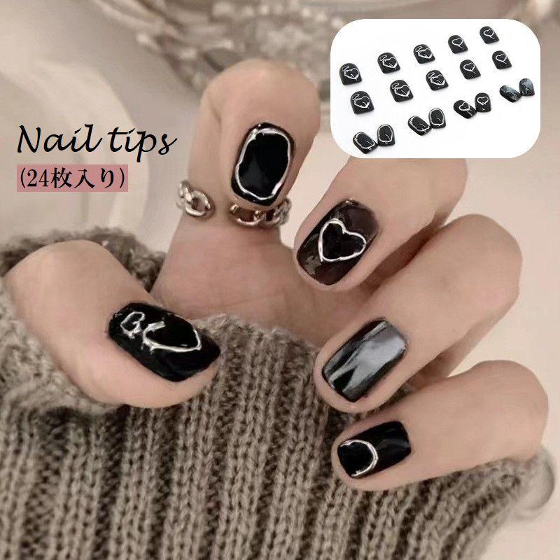 ネイルチップ 24枚 手の爪用 ネイルアート用品 ハート 囲みライン 無地