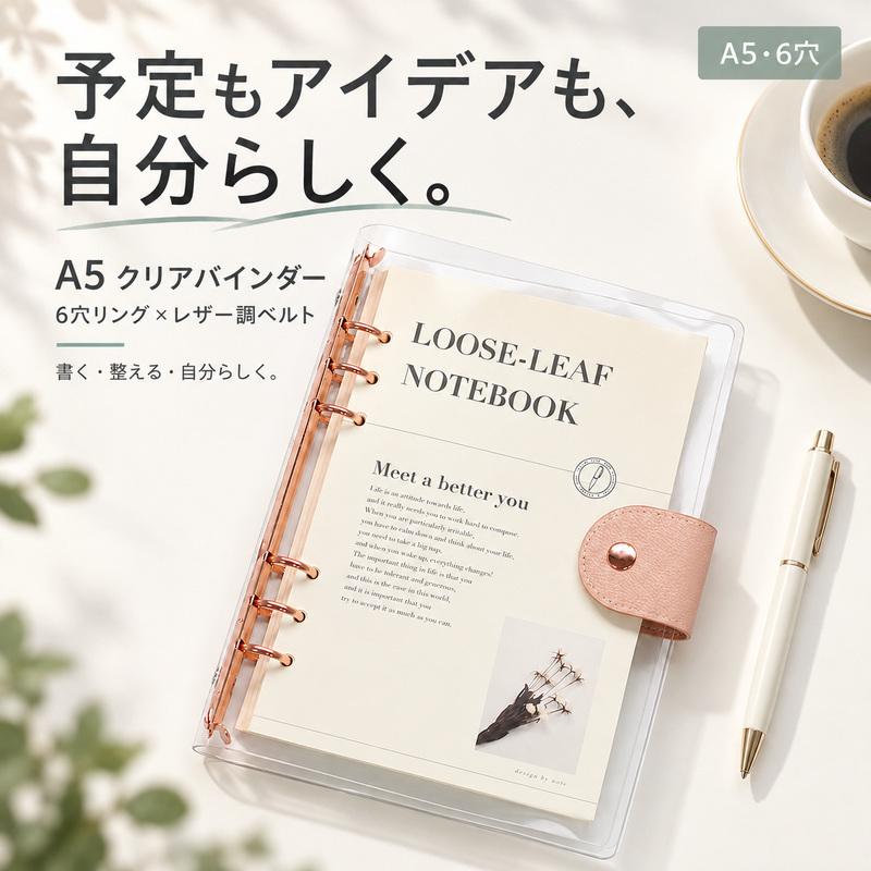 ルーズリーフ A5サイズ 6穴 クリアバインダー ホルダー DIY手帳