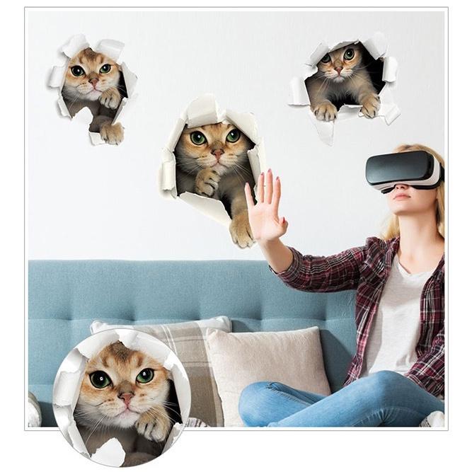 ウォールステッカー 壁ステッカー 壁紙シール シール式 猫 キャット 3D トリックアート風 だまし絵風 ルームデコレーション ウォールデコレーション｜plusnao｜07
