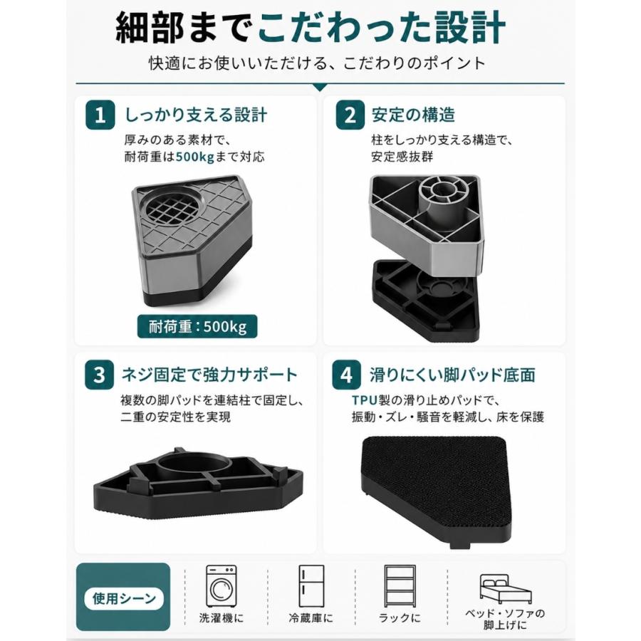 洗濯機かさ上げ台 4個セット 洗濯機 底上げ 置き台 洗濯機台 振動音
