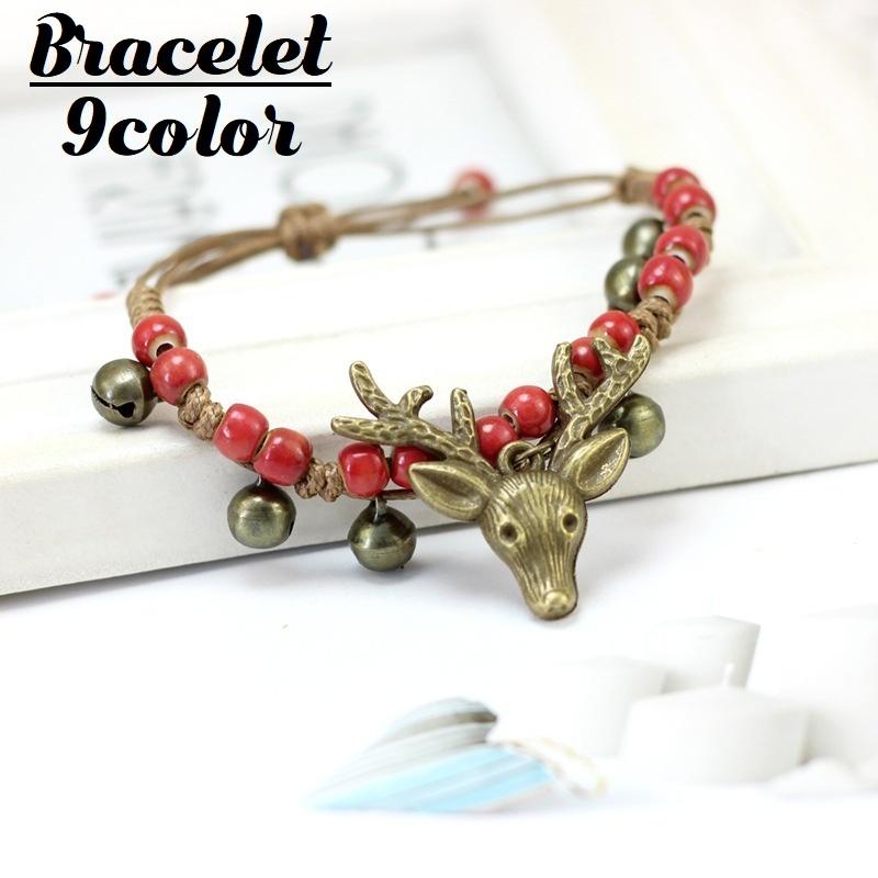 ブレスレット レディース 女性 アクセサリー ファッション小物 鹿 トナカイ 鈴 森 動物 ビーズ 紐 手作り感 ハンドメイド風 レトロ風 かわいい プラスナオ Paypayモール店 通販 Paypayモール