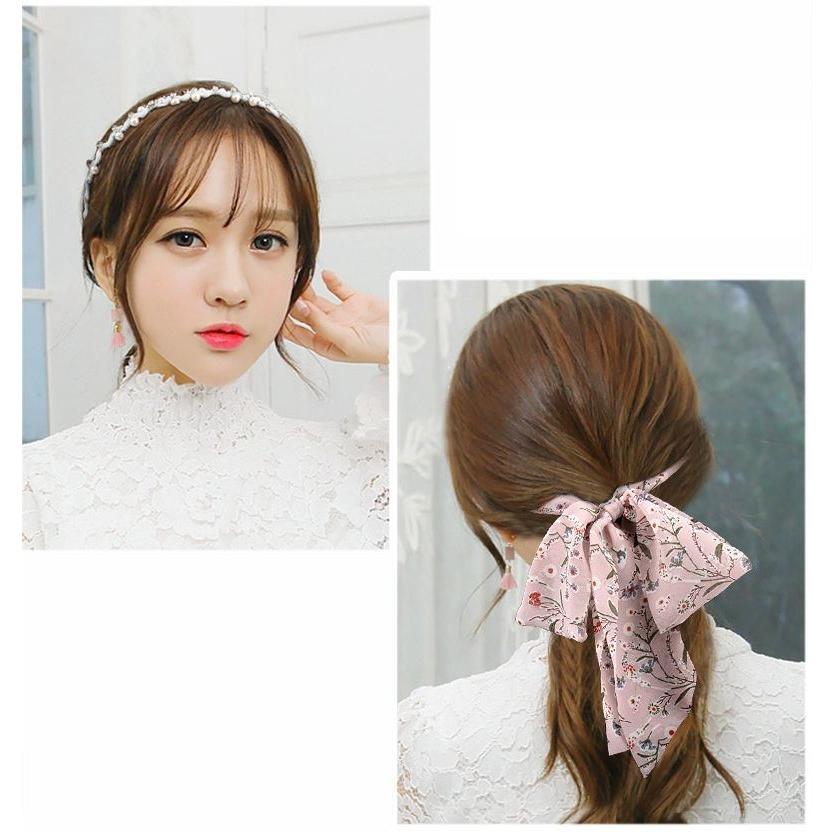 カチューシャ ロングシフォンリボン付き フェイクパール ヘアアクセサリー レディース 細め ヘアアレンジ 髪飾り 花柄 フラワー チェック柄 おしゃれ プラスナオ Paypayモール店 通販 Paypayモール