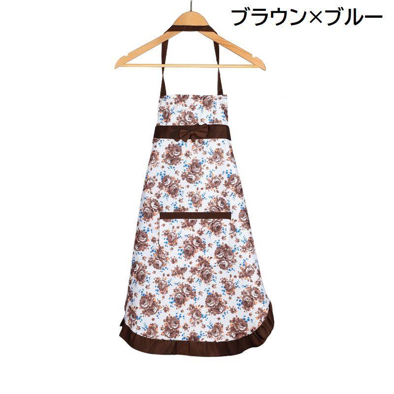 フラメンコ 衣装　エプロン　花柄刺繍　ブラウン×ネイビー plusnao（プラスナオ） エプロン 前掛け レディース 女の子 腰ひも