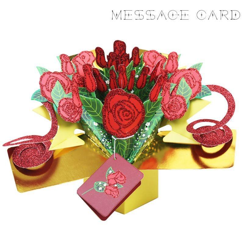 グリーティングカード メッセージカード ポップアップカード 3D 飛び出す 立体 バラの花束 最高の 薔薇 ラメ カ590円 立てて飾れる ばら キラキラ 最高級 バラ 花束