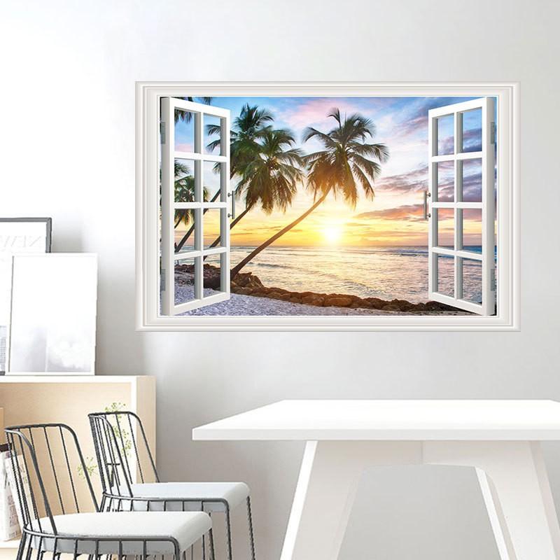 全店販売中 ウォールステッカー ウォールシール 出窓 南国 景色 リアル 3d ヤシの木 夕日 海 ビーチ 空 トリックアート だまし絵 壁紙シール ステッカー1 190円 Aynaelda Com