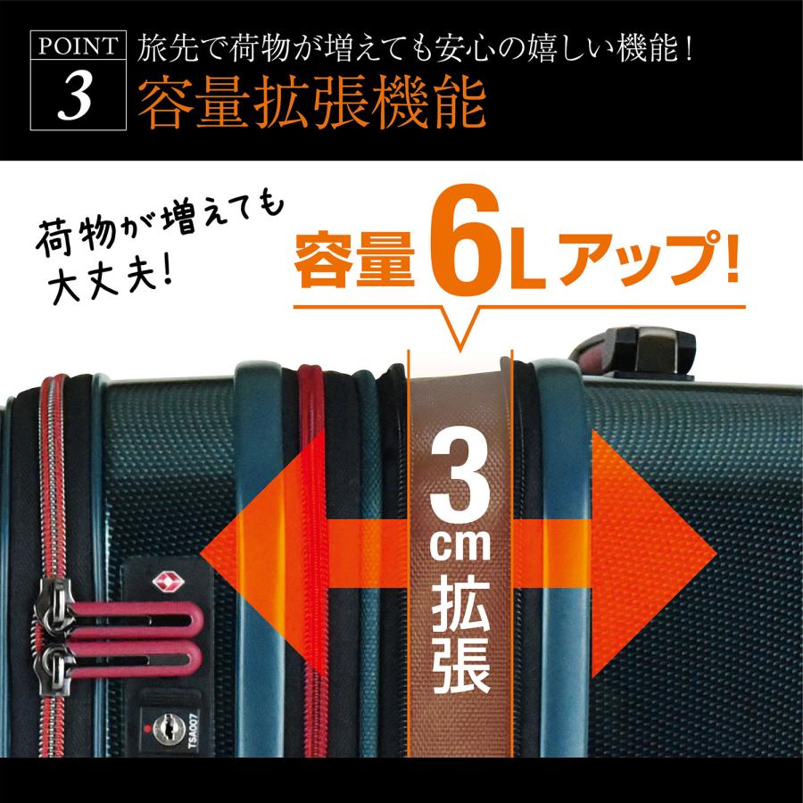 スーツケース ストッパー付き フロントオープン 拡張機能 Mサイズ 56L(62L) HINOMOTO 4泊 5泊 6泊 アルファスカイ 999-54SPEX｜plusone-voyage｜13