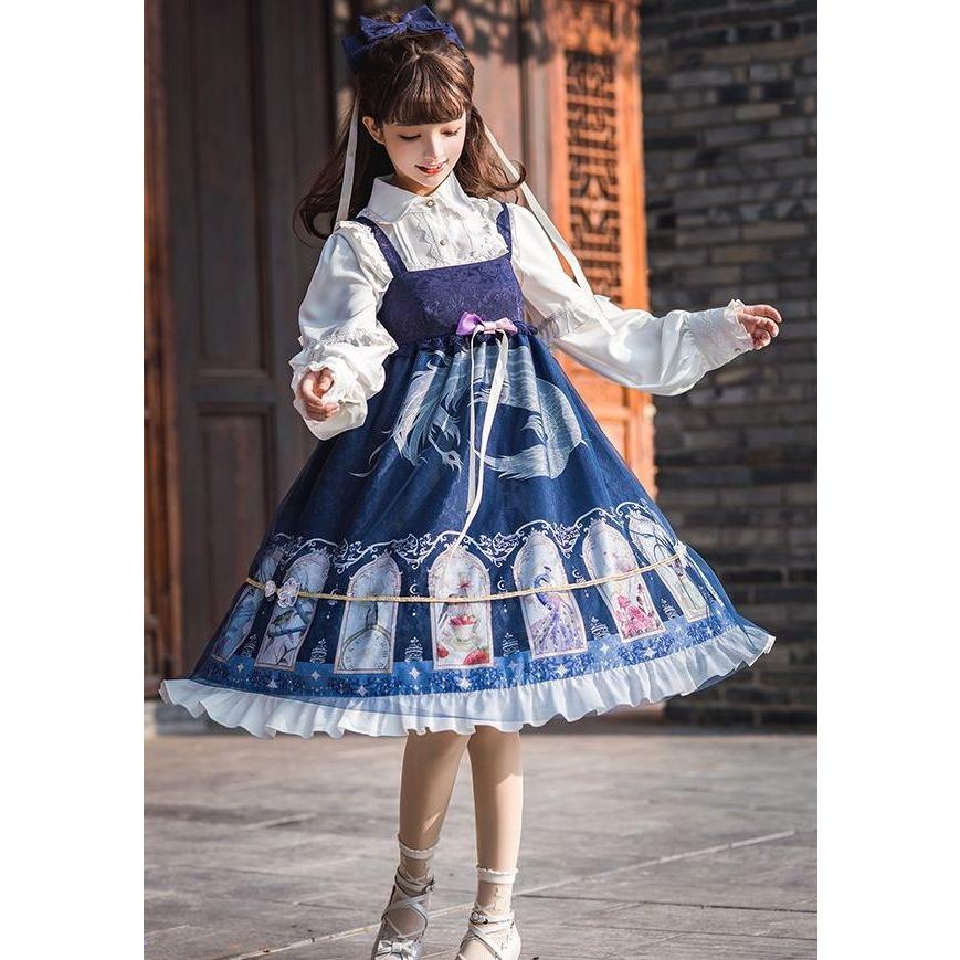 美しい ロリータ セットアップ ドレス 長袖ブラウス ジャンパースカート 春夏 プリンセス お嬢様 ワンピース サイズs L ネイビー ホワイト 驚きの値段 Zoetalentsolutions Com