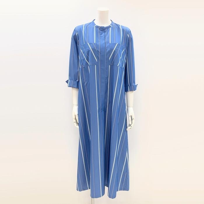 ストライプ7分袖ワンピース 日本製 033-56105 SUTSESO スチェッソ blue ストライプ フレアシャツワンピ 華やか上品キレイめ 仕事 春夏の画像
