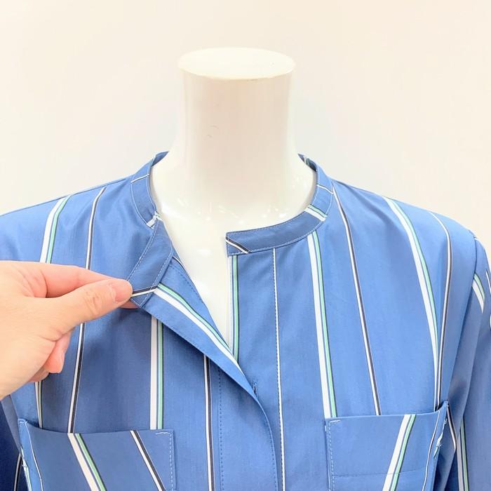 ストライプ7分袖ワンピース 日本製 033-56105 SUTSESO スチェッソ blue ストライプ フレアシャツワンピ 華やか上品キレイめ 仕事 春夏の画像