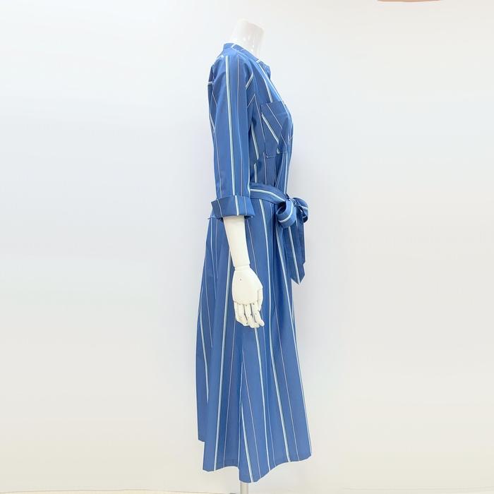 ストライプ7分袖ワンピース 日本製 033-56105 SUTSESO スチェッソ blue ストライプ フレアシャツワンピ 華やか上品キレイめ 仕事 春夏の画像