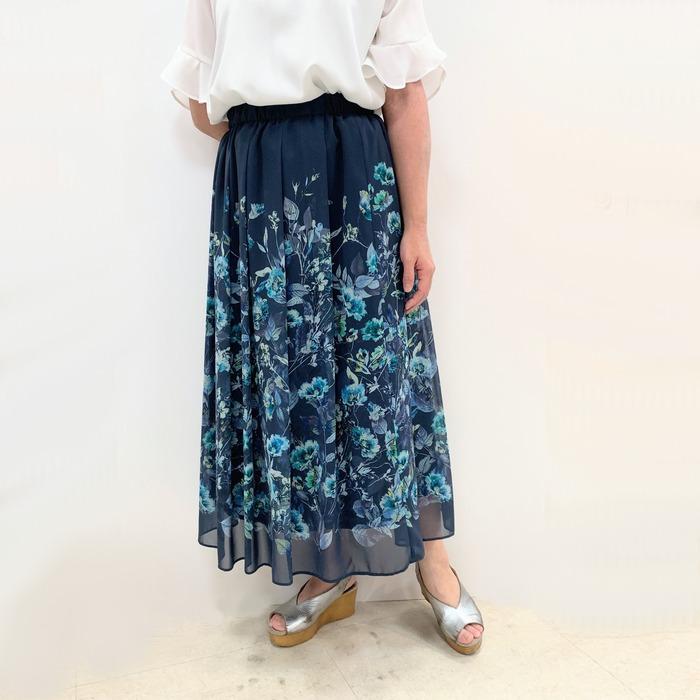 新品】定価31,900円ハナエモリブルー花柄シアーフレアスカート
