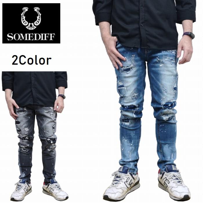 SOMEDIFF ダメージ ペンキ加工 テーパード デニム パンツ SOMEDIFF ダメージ ペンキ加工 テーパード デニム パンツ